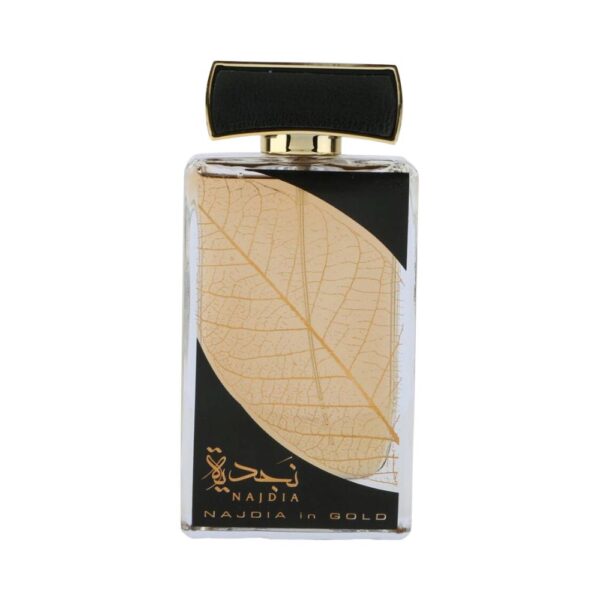 Lattafa Najdia in Gold Perfume EDP Unisex 100ml – A fresh and spicy fragrance with bay leaf, grapefruit, and amber.