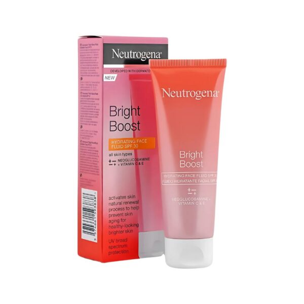 Neutrogena Bright Boost Hydrating Face Fluid SPF30 – Light daily sunblock with Neoglucosamine and vitamins for bright, healthy skin.