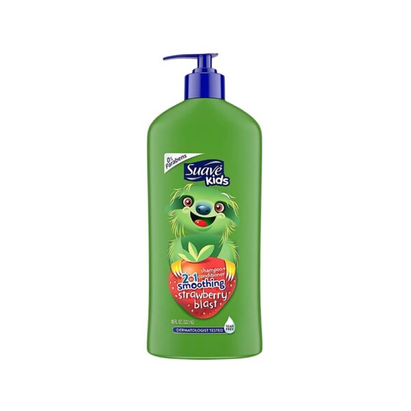 Suave Kids Strawberry Blast 2-in-1 Shampoo + Conditioner 532ml for soft, shiny hair with a fruity strawberry scent.